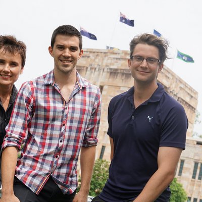 Marina Vitale of CIM Health, UQ students Trent Seth and Antoine Desrosiers, and Tim Edwards of Teys Australia